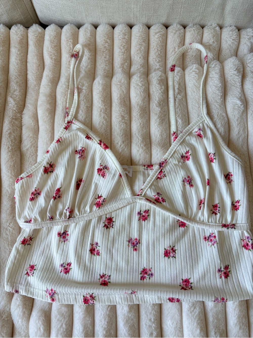 Floral Ribbed Bralette Cami - Cream with Pink Rose Print